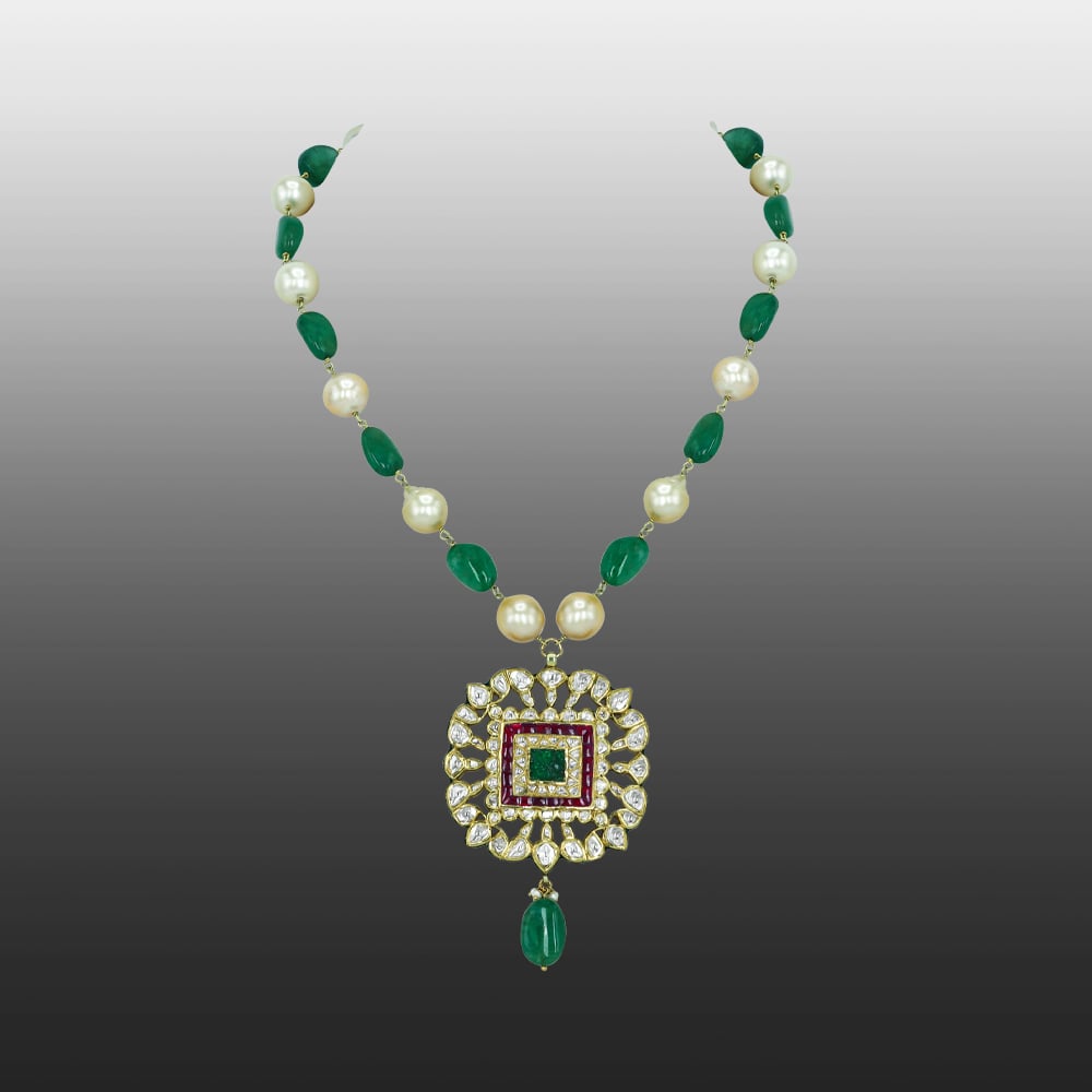 Emerald and Ruby Pendant Necklace with Polkis and Pearl Beads